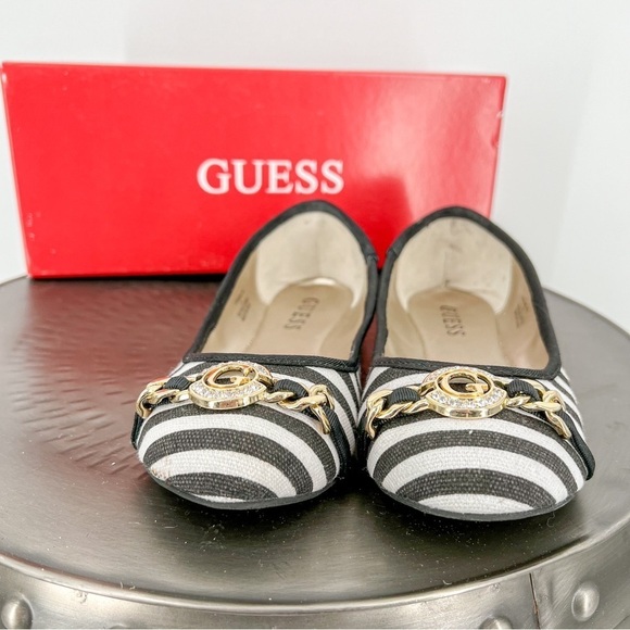 GUESS KARLYN BLACK WHITE CANVAS STRIPES,G GOLD CRYSTAL LOGO BALLET FLATS,SHOES - Picture 2 of 6